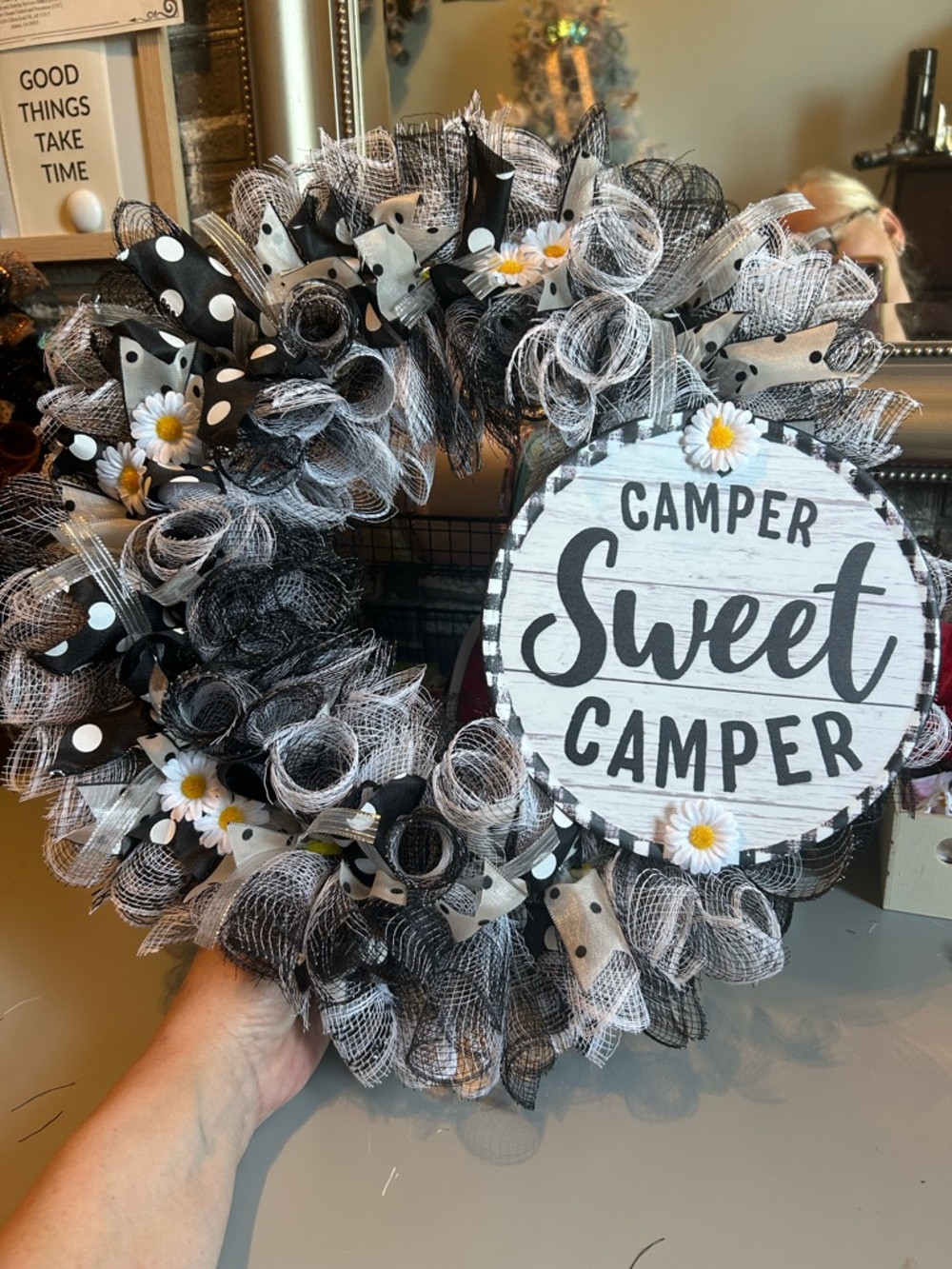 Hand Crafted Black and White 'Camper Sweet Camper' Wreath